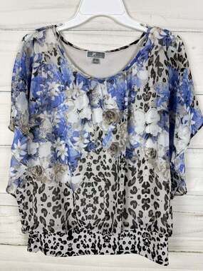 JM Collection Blue Floral and Leopard Print Flutter Sleeve Blouse